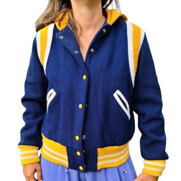 Vintage 80s Royal Yellow Varsity Jacket Women’s Size Medium Zip Up Hoodie Snaps - Picture 1 of 9